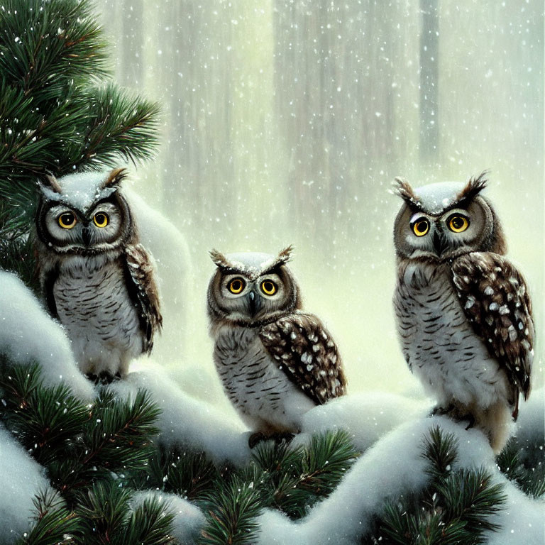 Three owls on snow-covered branches in wintry forest landscape