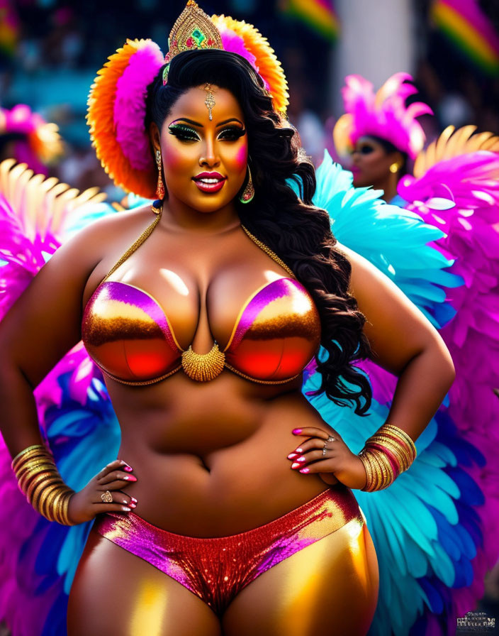 Colorful Feathered Headdress and Bikini Costume Carnival Dancer Pose