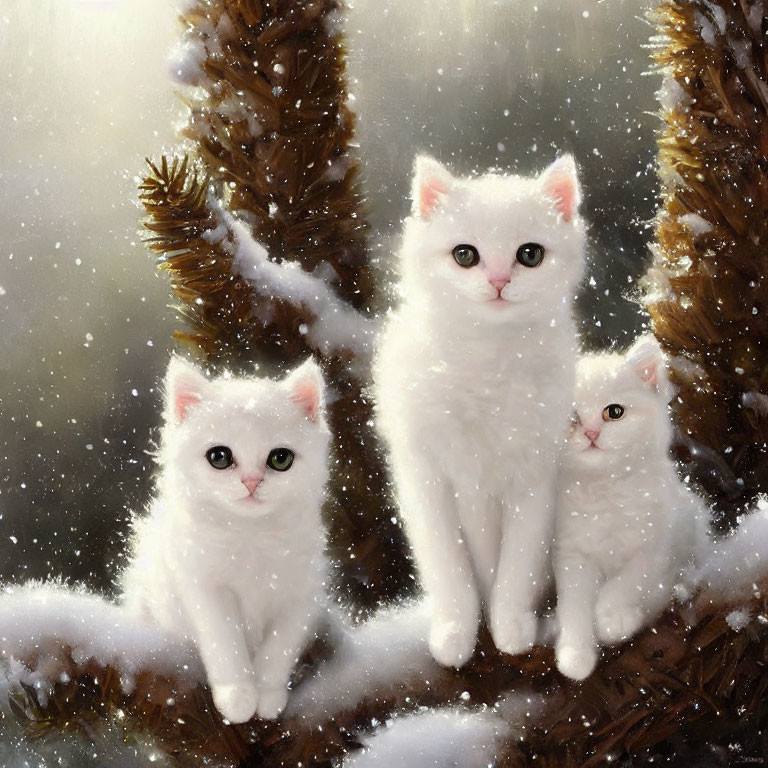 Three White Cats on Snowy Branch with Falling Snowflakes