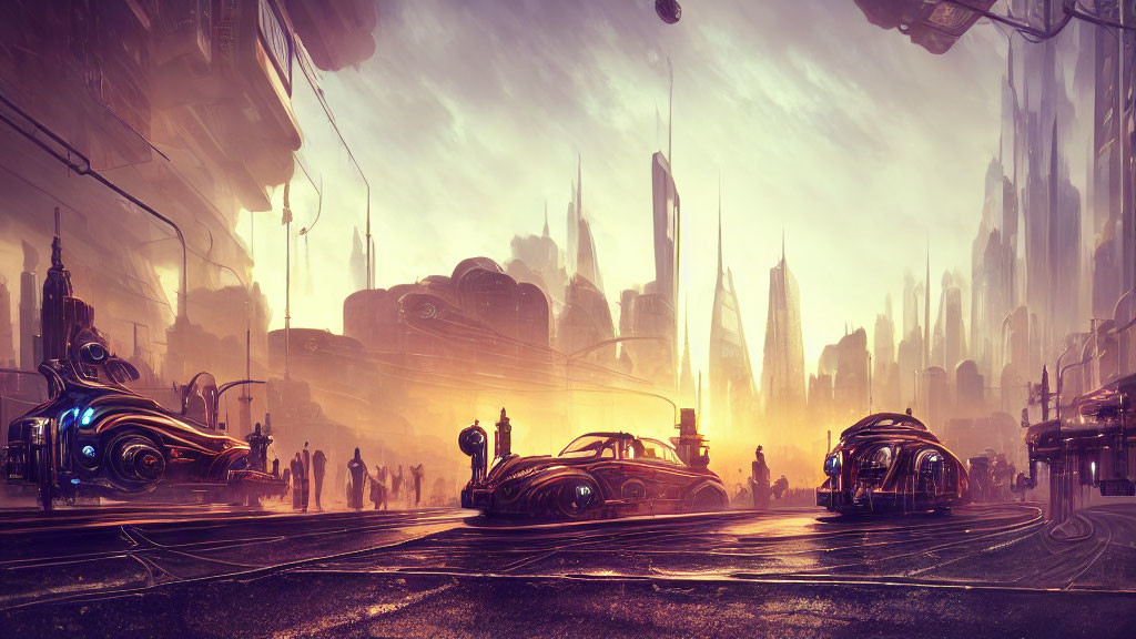 Futuristic cityscape with advanced vehicles and skyscrapers at sunset