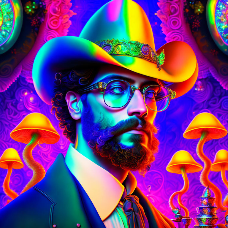 Vibrant psychedelic portrait with man in glasses and cowboy hat