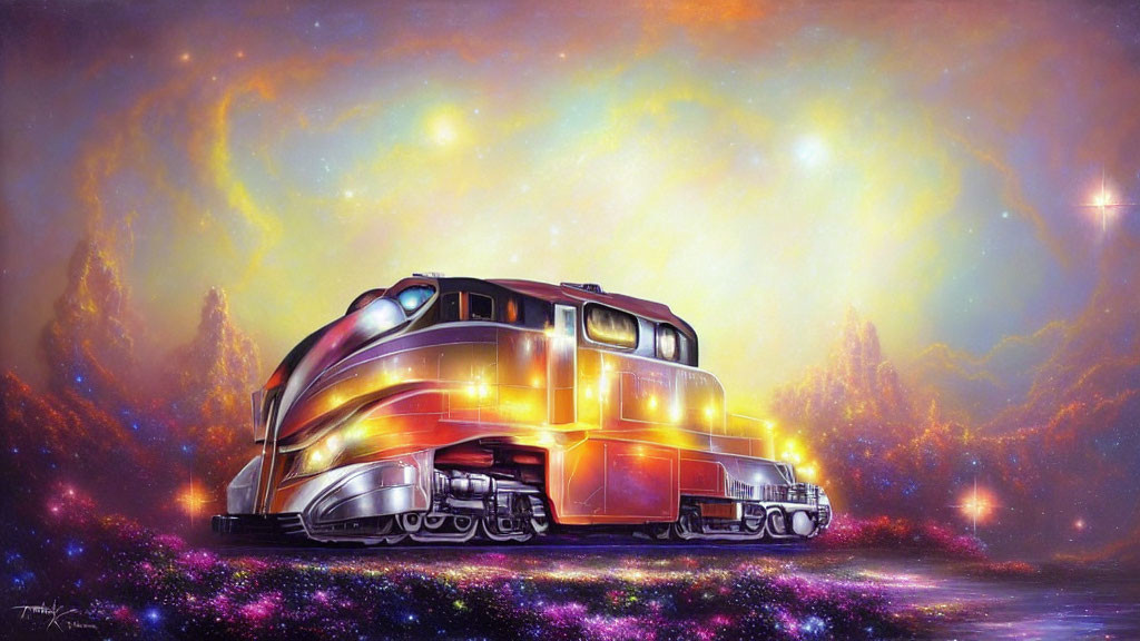 Colorful futuristic train in starry nebula sky