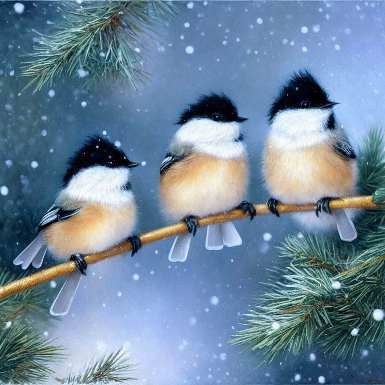 Three Chickadees Perched on Snowy Pine Branch