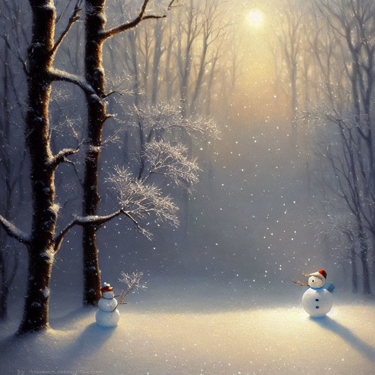 Snow-covered winter scene with two snowmen and trees in soft sunlight