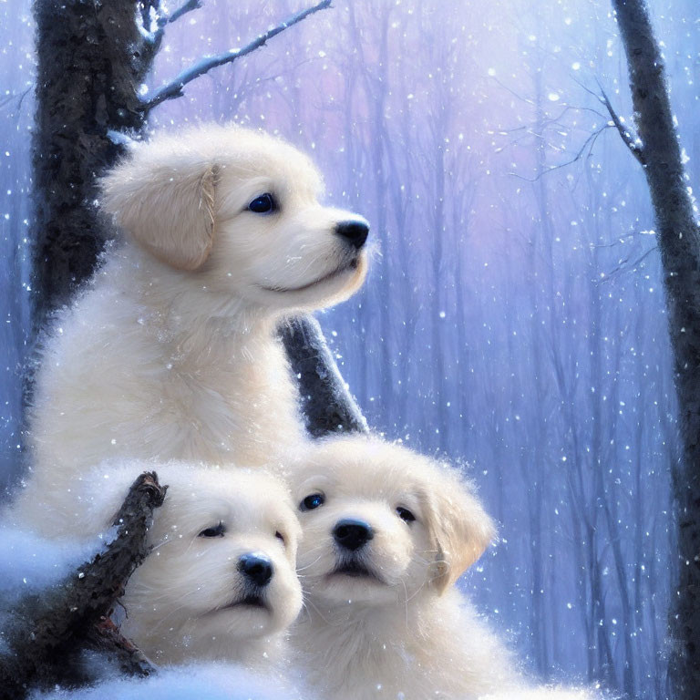 Three White Puppies on Snowy Branch in Winter Forest
