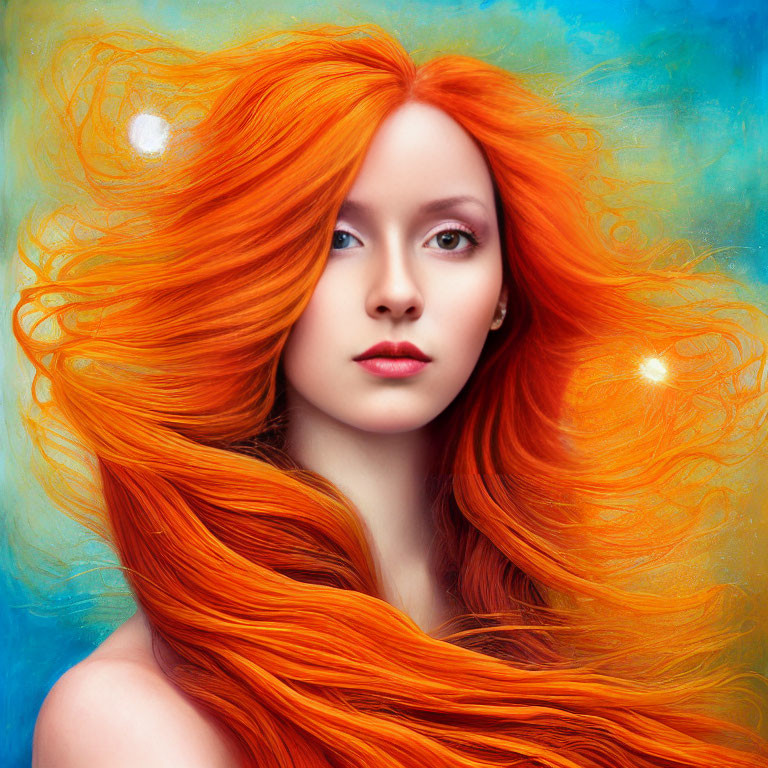 Woman with Vibrant Orange Hair on Blue Textured Background with White Orbs