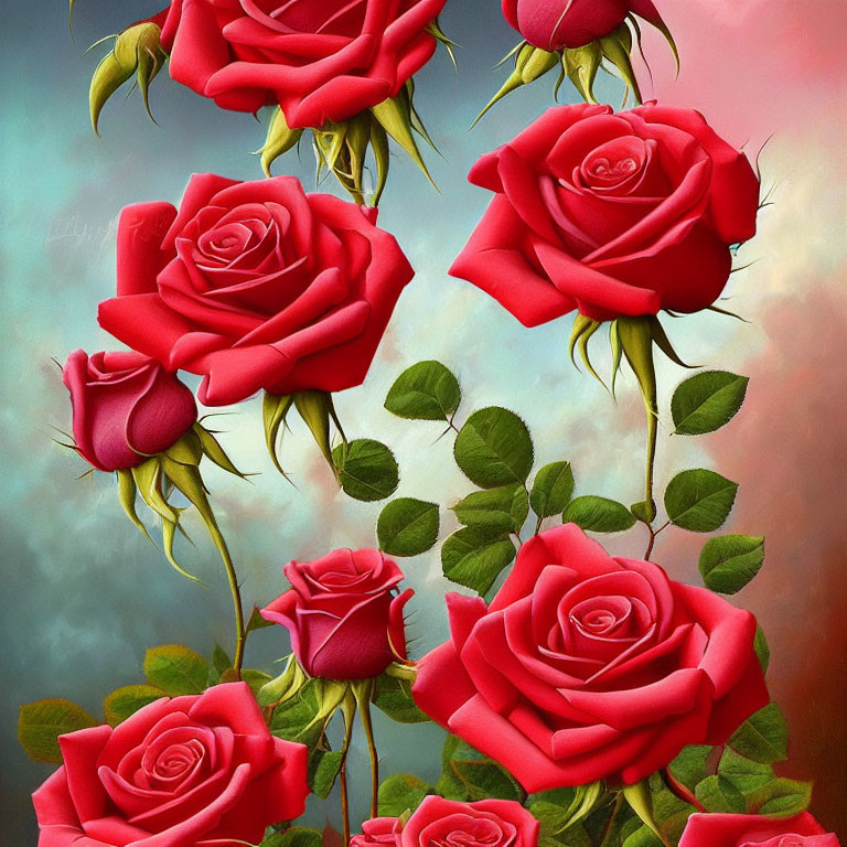 Bright red roses and green leaves on soft background.
