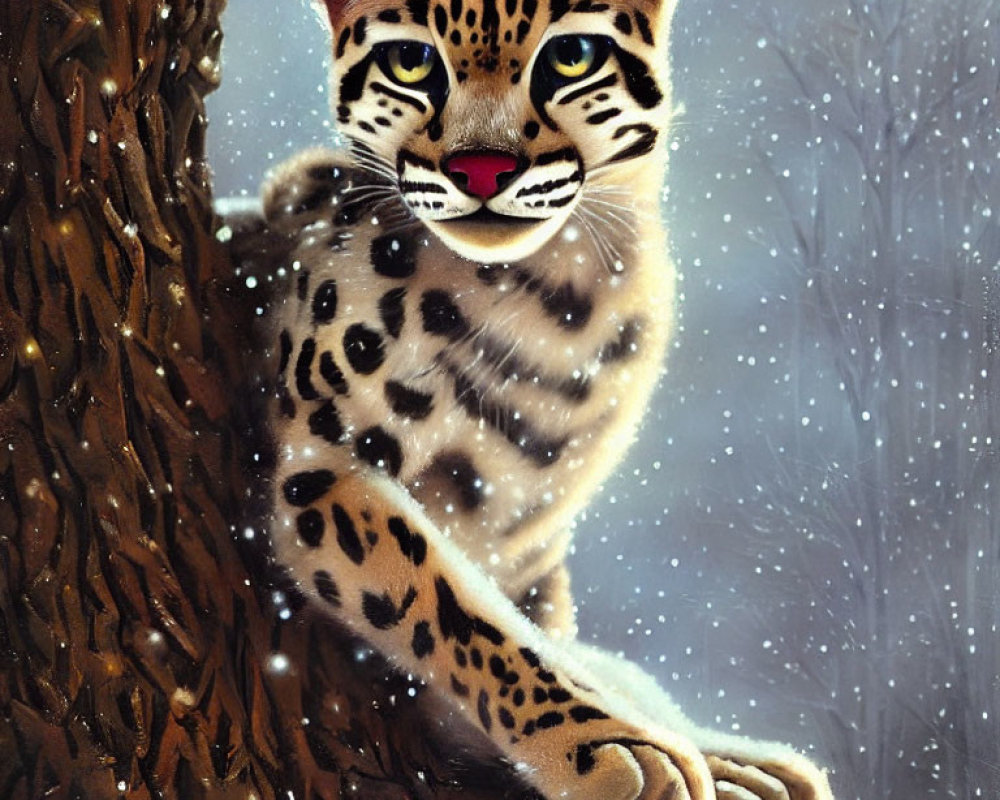 Anthropomorphized leopard in snowy setting clinging to tree