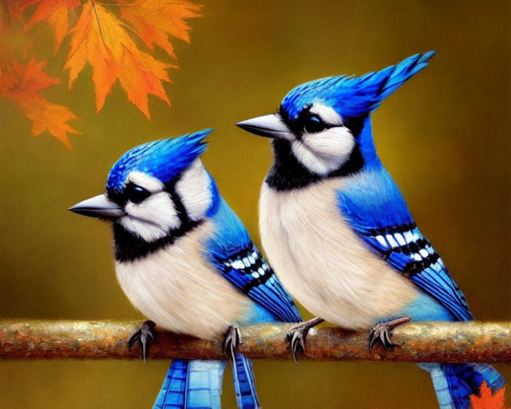 Vibrant blue jays on branch with autumn leaves.