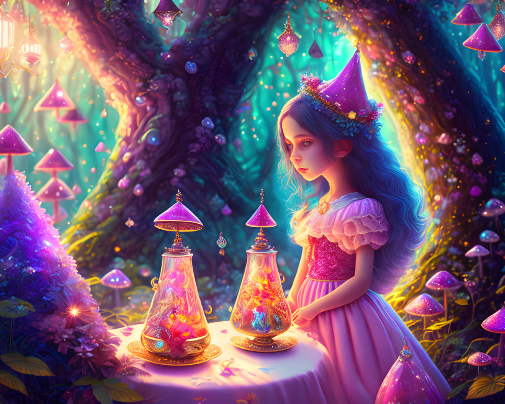 Young girl in pink dress with princess hat in magical forest with glowing lanterns