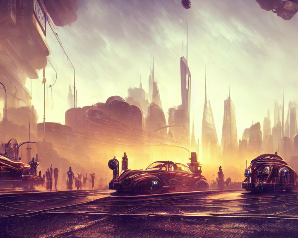 Futuristic cityscape with advanced vehicles and skyscrapers at sunset