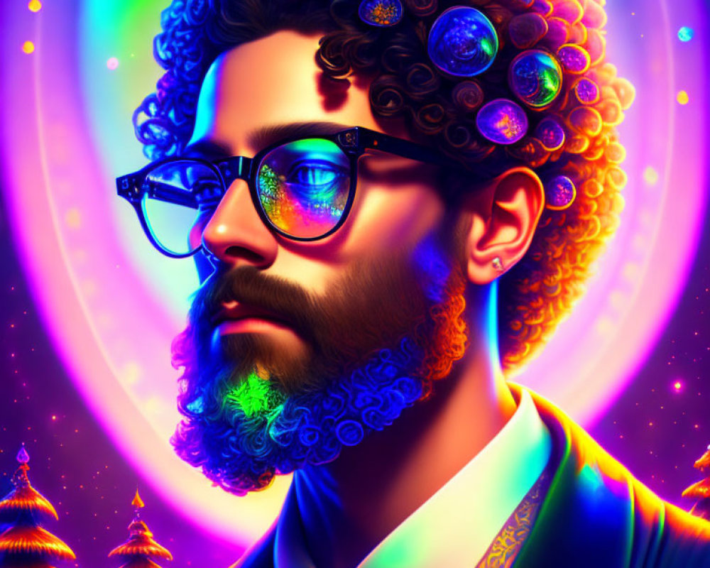 Colorful portrait of a bearded man with neon palette and planetary hair design.