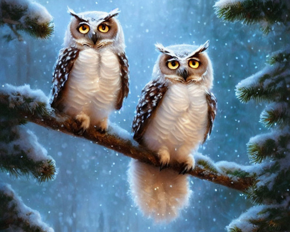 Two Owls Perched on Snowy Branch in Wintry Forest
