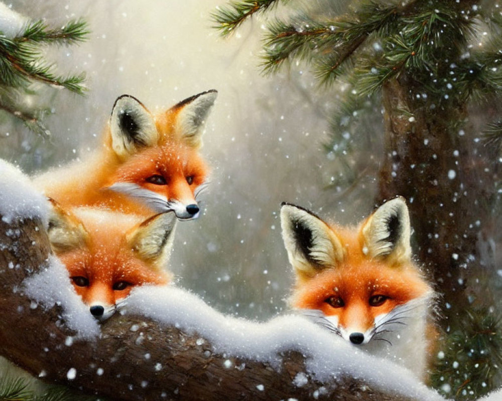 Red Foxes on Snowy Tree Branch in Winter Forest Scene