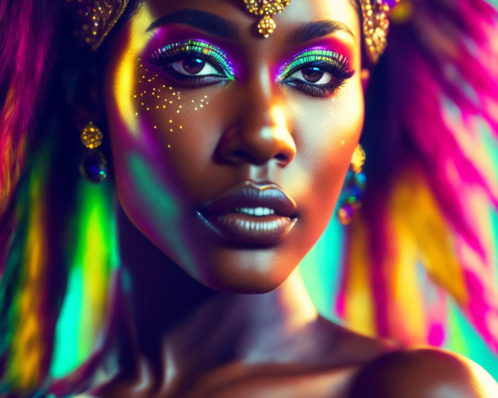 Colorful woman with vivid makeup and feathered headdress on rainbow background