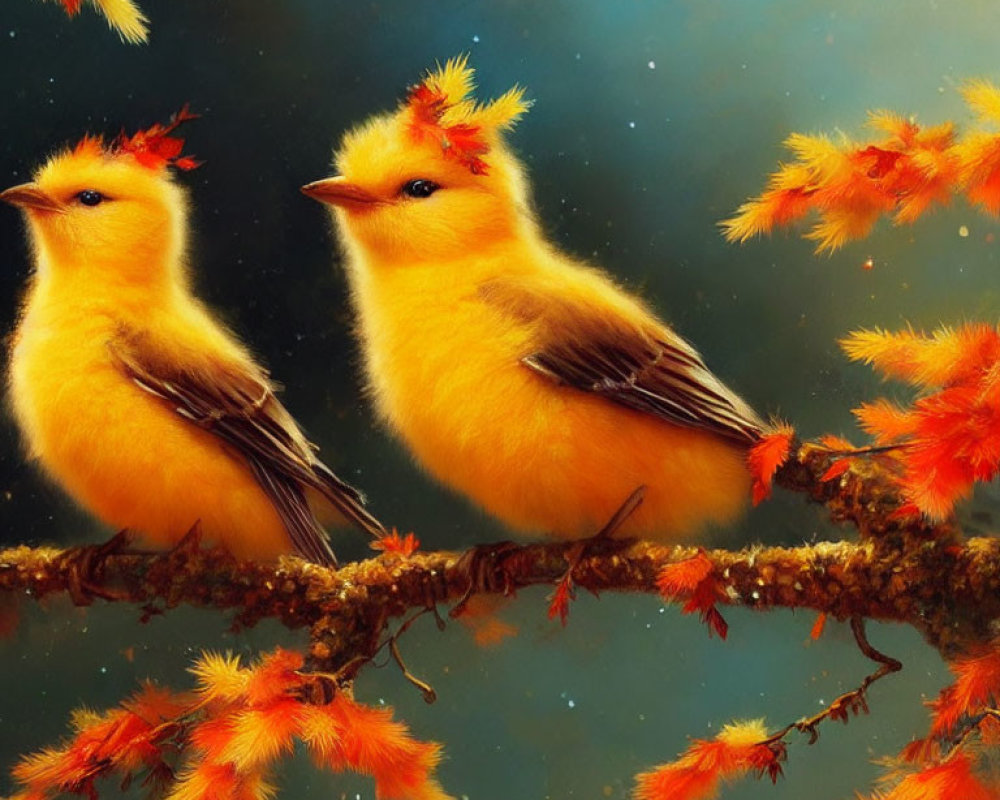 Whimsical yellow birds with tufts on heads in celestial setting.