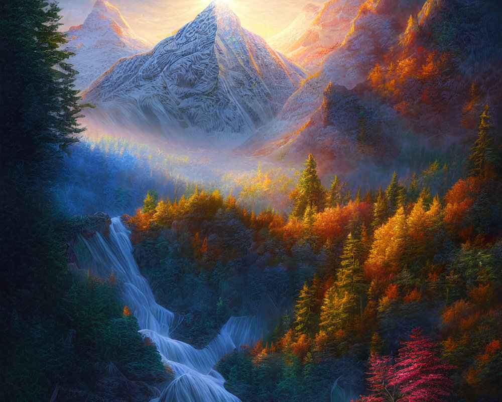 Majestic mountain with cascading waterfall in vibrant autumn forest