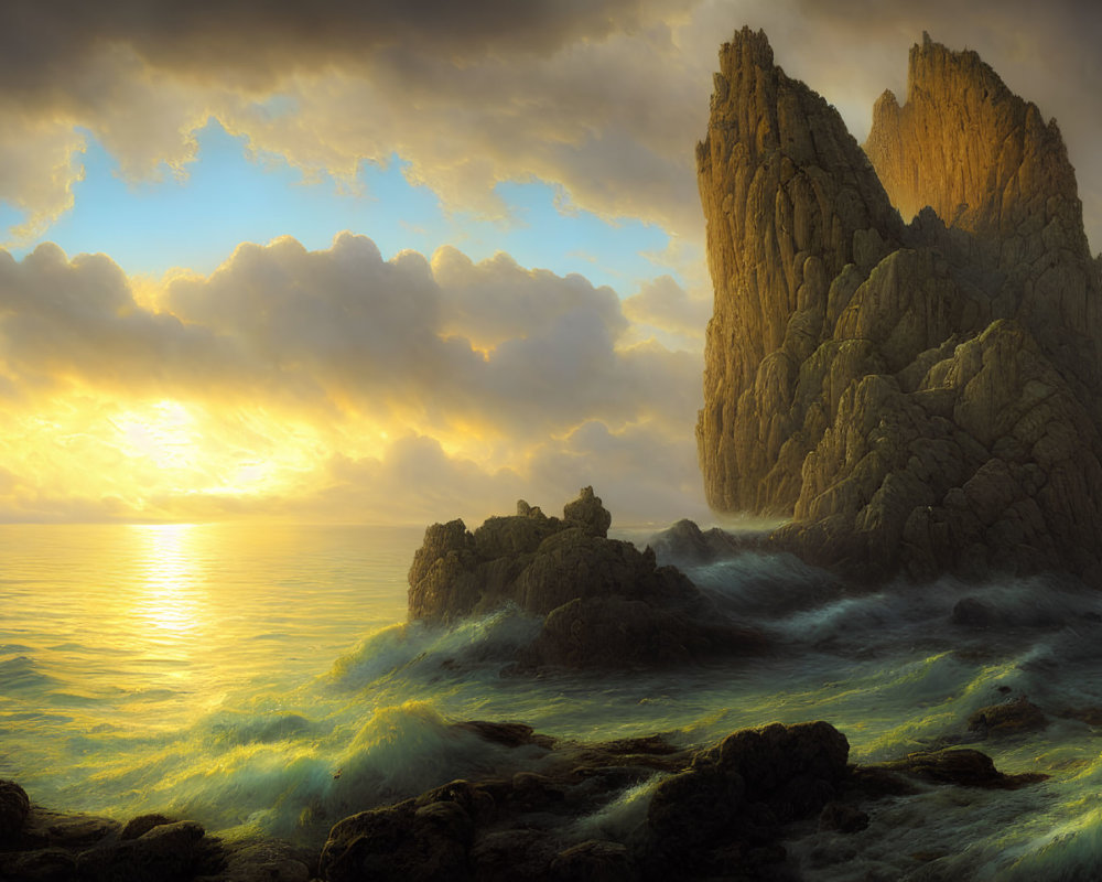 Dramatic seascape with sunlit clouds and rocky outcrop amidst turbulent waves