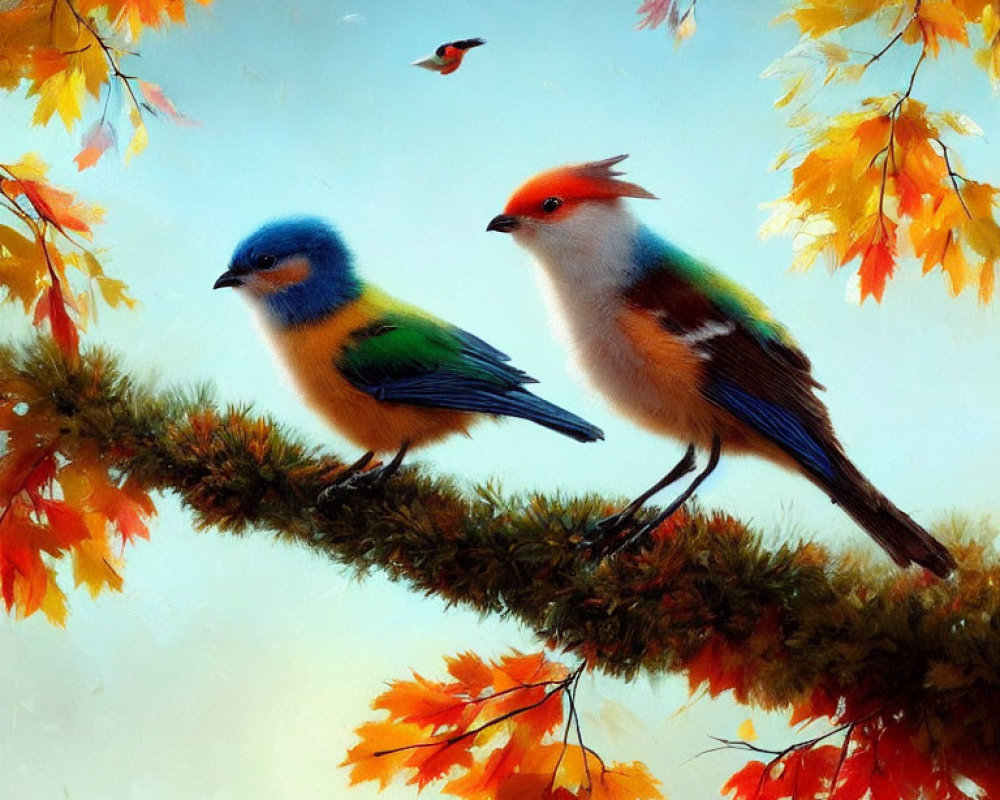 Colorful Birds Perched on Branch with Autumn Leaves and Blue Sky