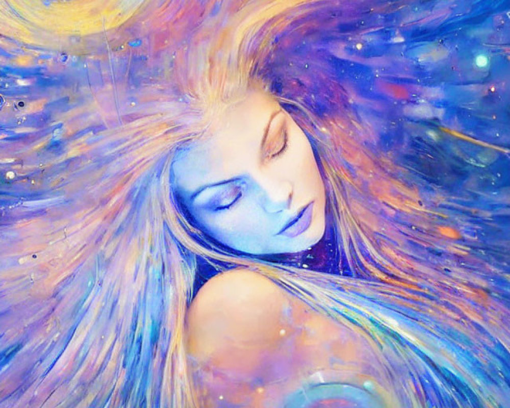 Colorful portrait of a woman in cosmic galaxy.