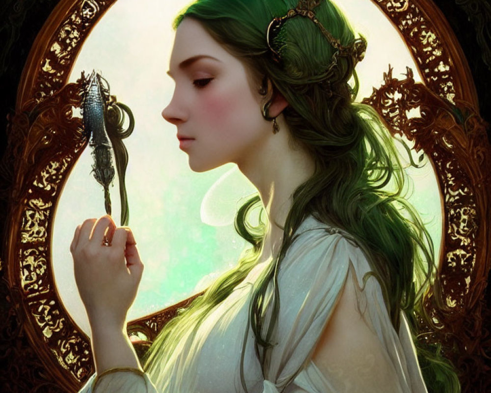 Portrait of Woman with Long Green Hair and Diadem Holding Feather Quill in Ornate Circular Frame
