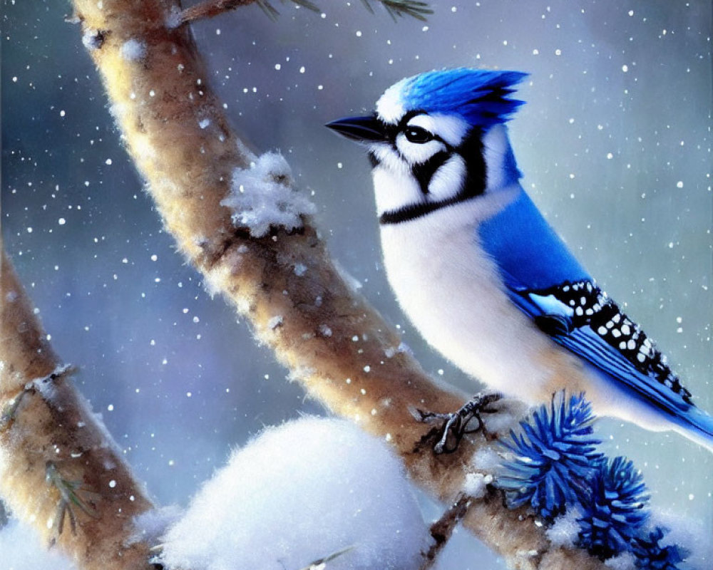 Blue jay on snow-covered branch in falling snow with soft blue background