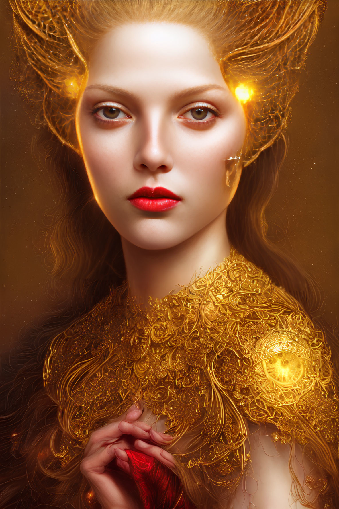 Intricate golden headpiece and garment on woman with captivating gaze