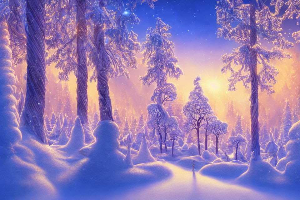 Snow-covered trees in glowing sunset with blue-purple light