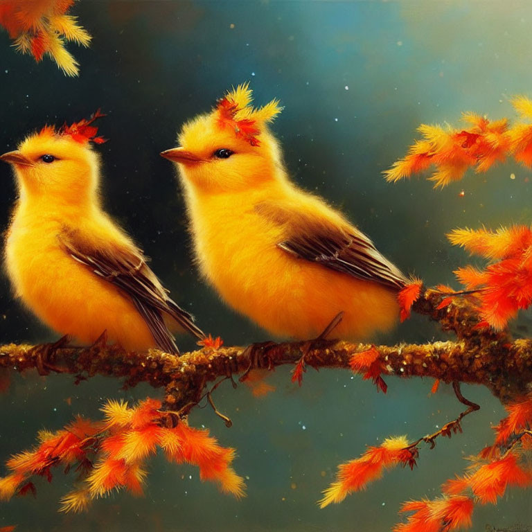 Whimsical yellow birds with tufts on heads in celestial setting.