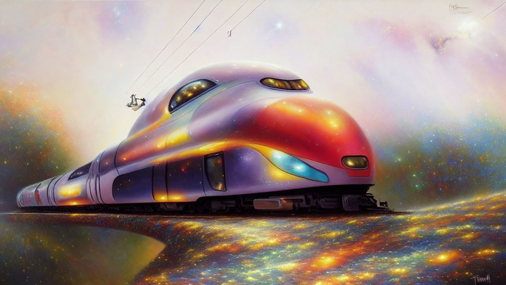 Colorful futuristic train in cosmic landscape