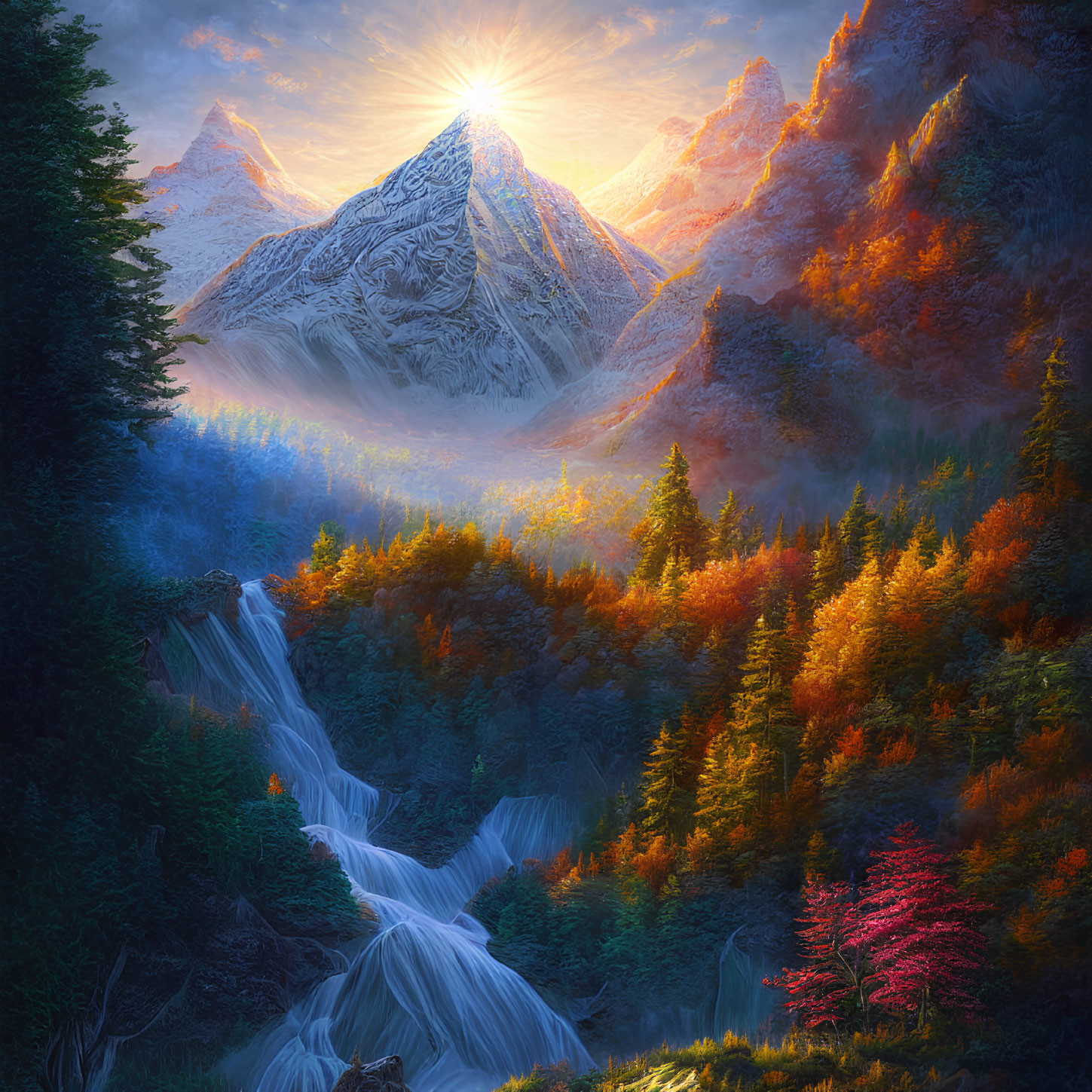 Majestic mountain with cascading waterfall in vibrant autumn forest