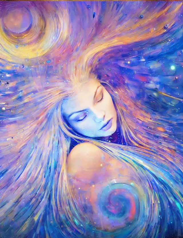 Colorful portrait of a woman in cosmic galaxy.