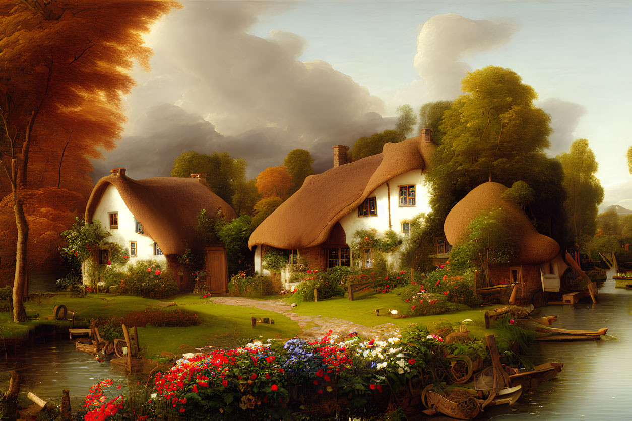 Thatched cottages by river with blooming flowers and boat in golden light