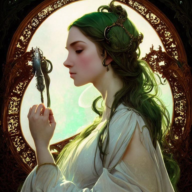 Portrait of Woman with Long Green Hair and Diadem Holding Feather Quill in Ornate Circular Frame