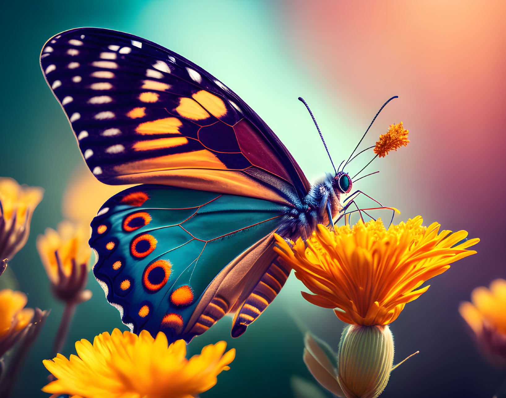 Colorful Butterfly with Orange, Black, and Blue Spots on Yellow Flowers