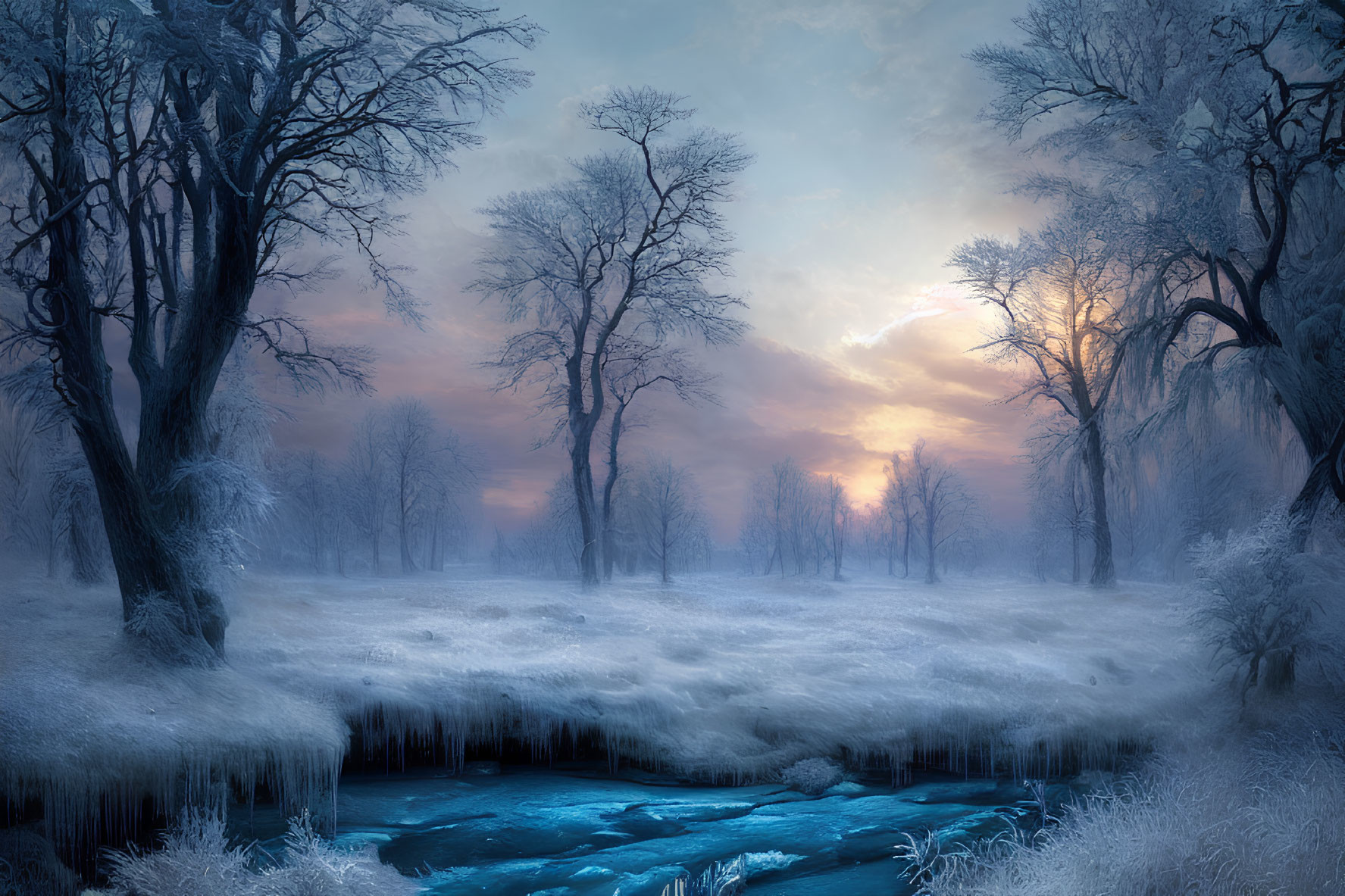 Tranquil winter landscape: frosted trees, frozen stream, pink to blue twilight sky