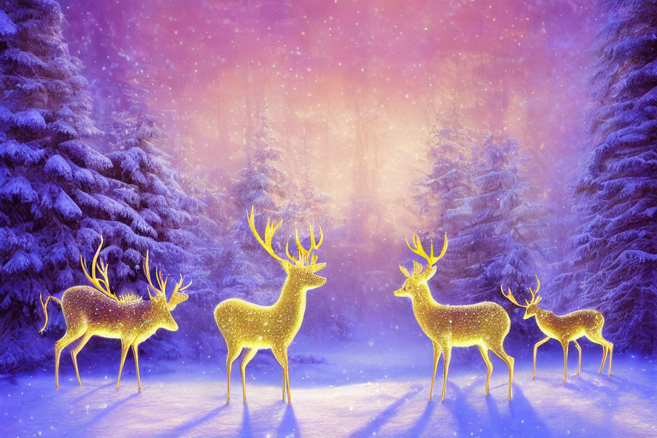 Winter Scene: Glowing Golden Deer in Snowy Forest under Pink and Purple Sky
