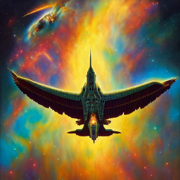 Mythical bird-shaped spaceship in vibrant cosmic nebula