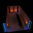 Nighttime 3D model of ancient temple with glowing blue lights and flickering torches