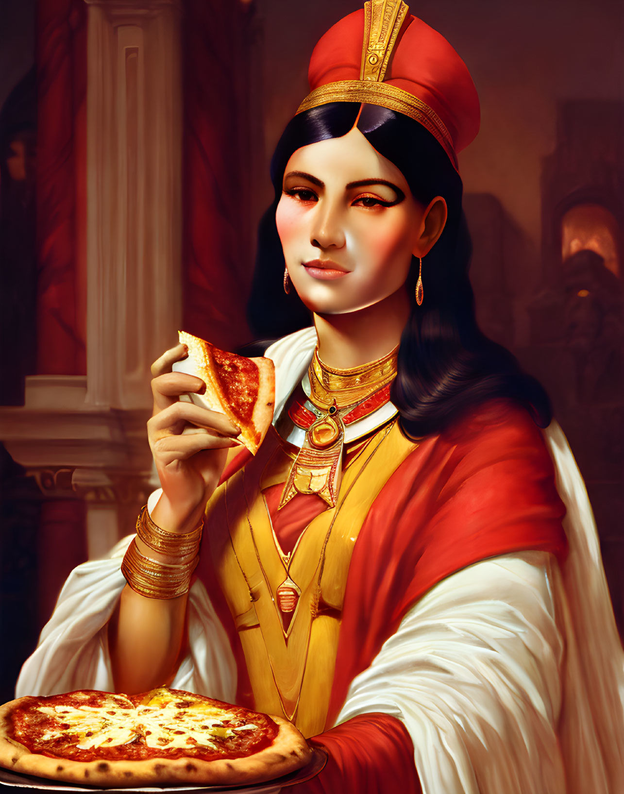 cleopatra comiendo pizza
