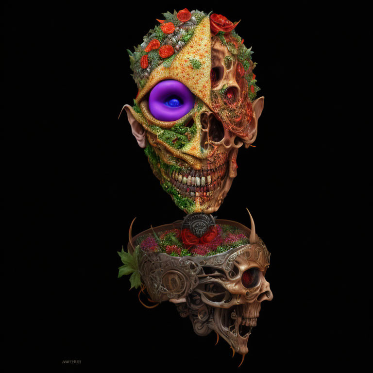 Surreal split skull with pizza toppings and purple eye on black background