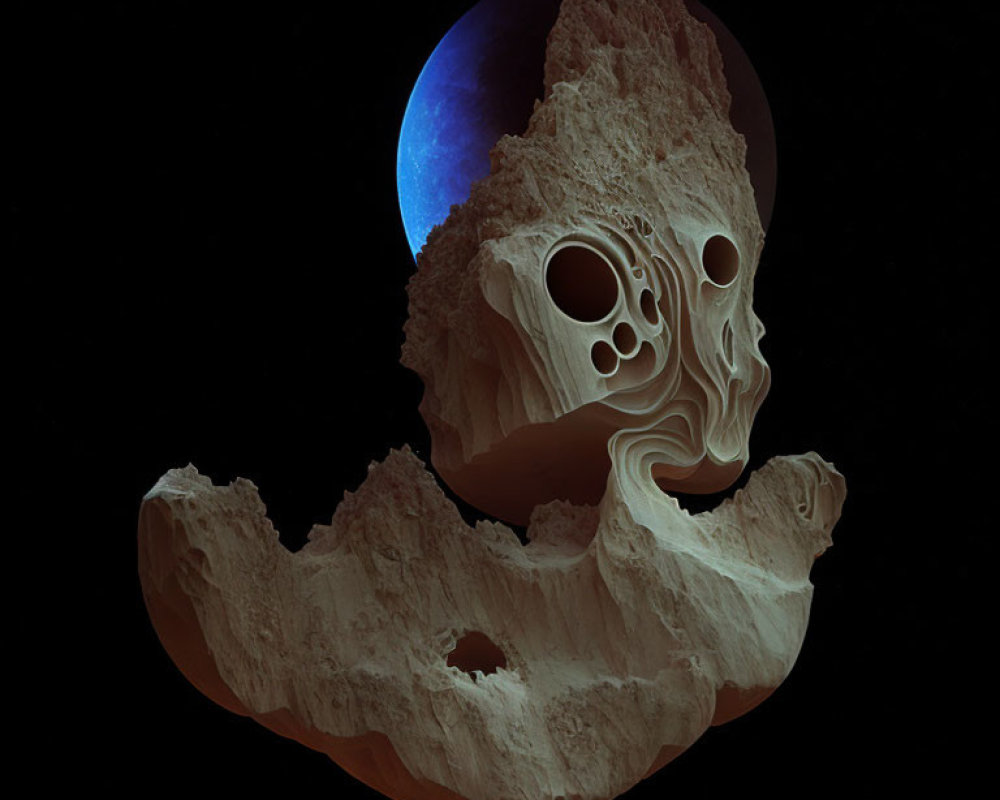 Surreal skull-like rock formation with holes against dark backdrop and crescent Earth.