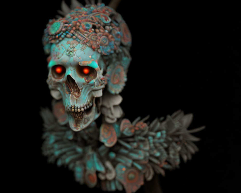 Intricate Turquoise Pattern Skull with Red Glowing Eyes on Dark Background