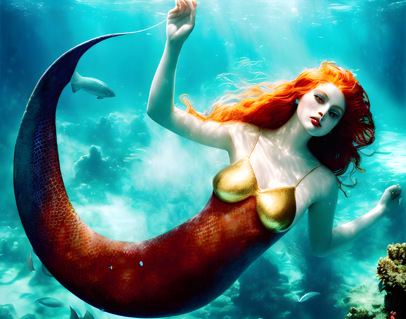Epic poster art Fierce mermaid with curly red hair