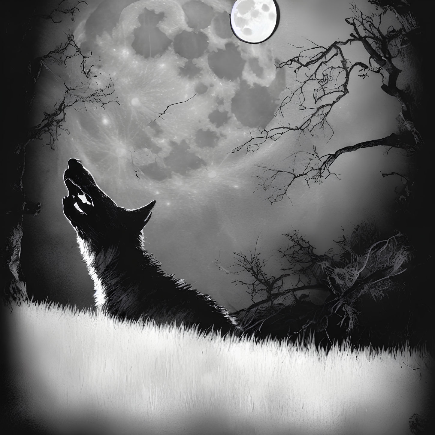 Monochrome picture of lone wolf howling under full moon