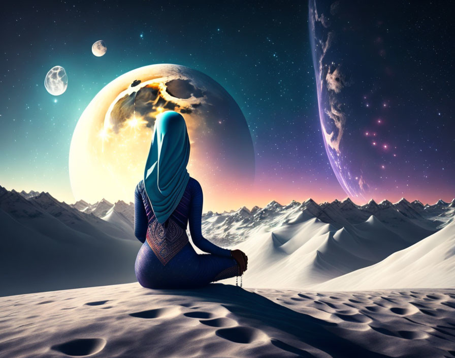 Girl Praying Namaz on Moon