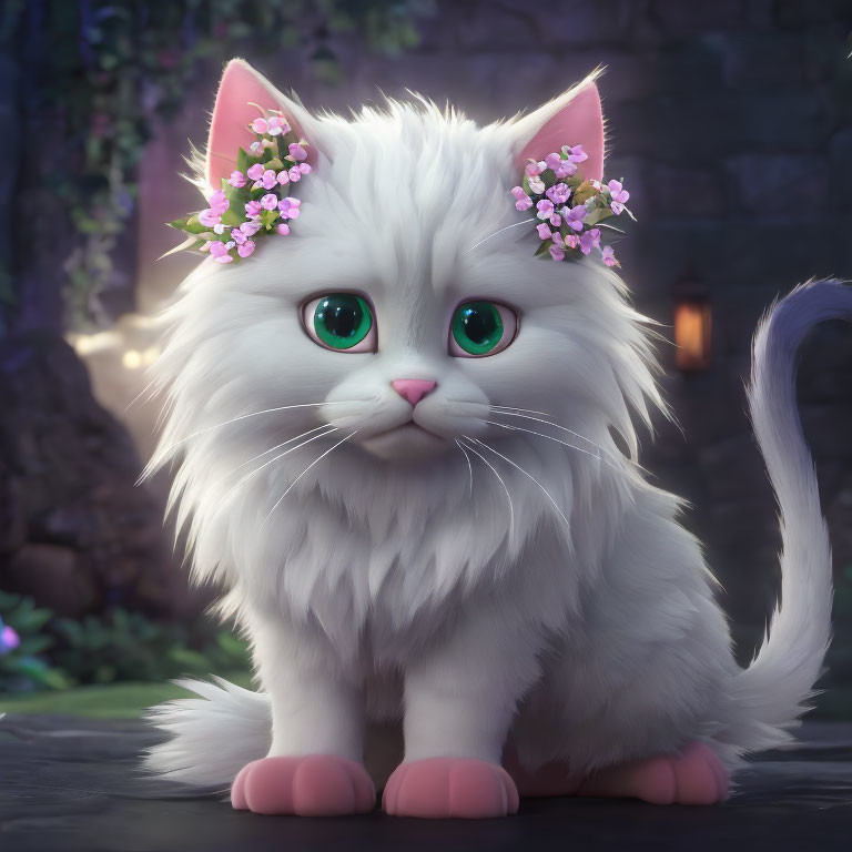  Cute White Fantasy Cat With Flowers.