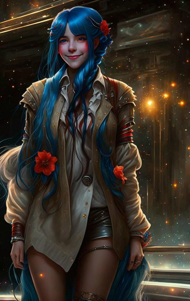  A young woman who smiled. With long blue hair.