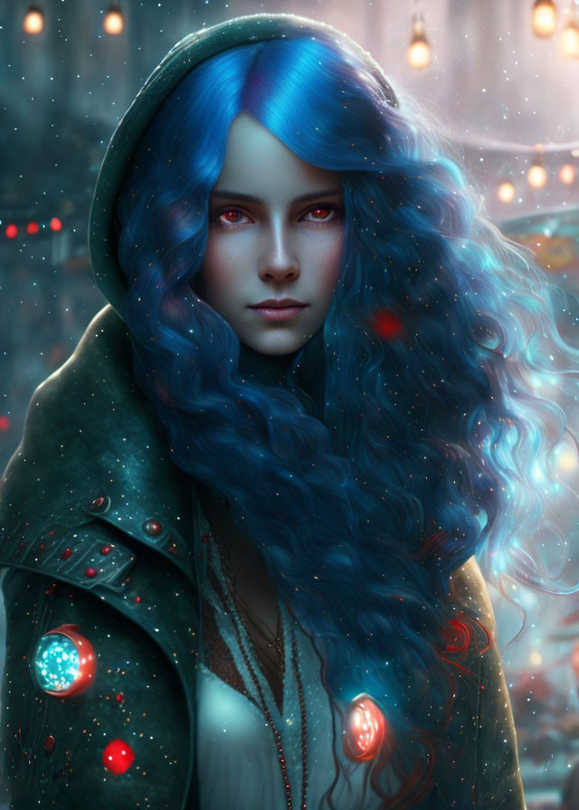 A young woman with long blue hair and red eyes.