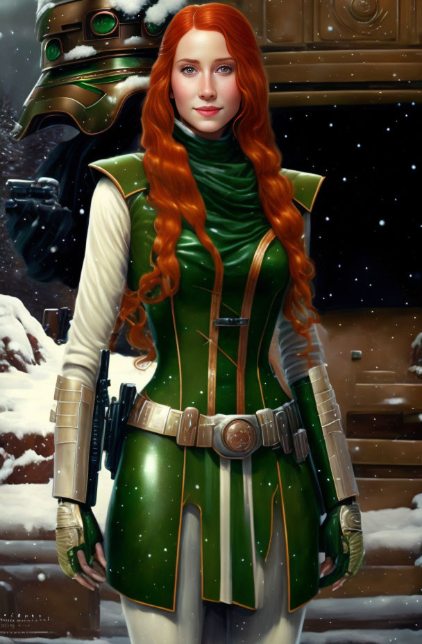 A young woman with long copper red hair and green 
